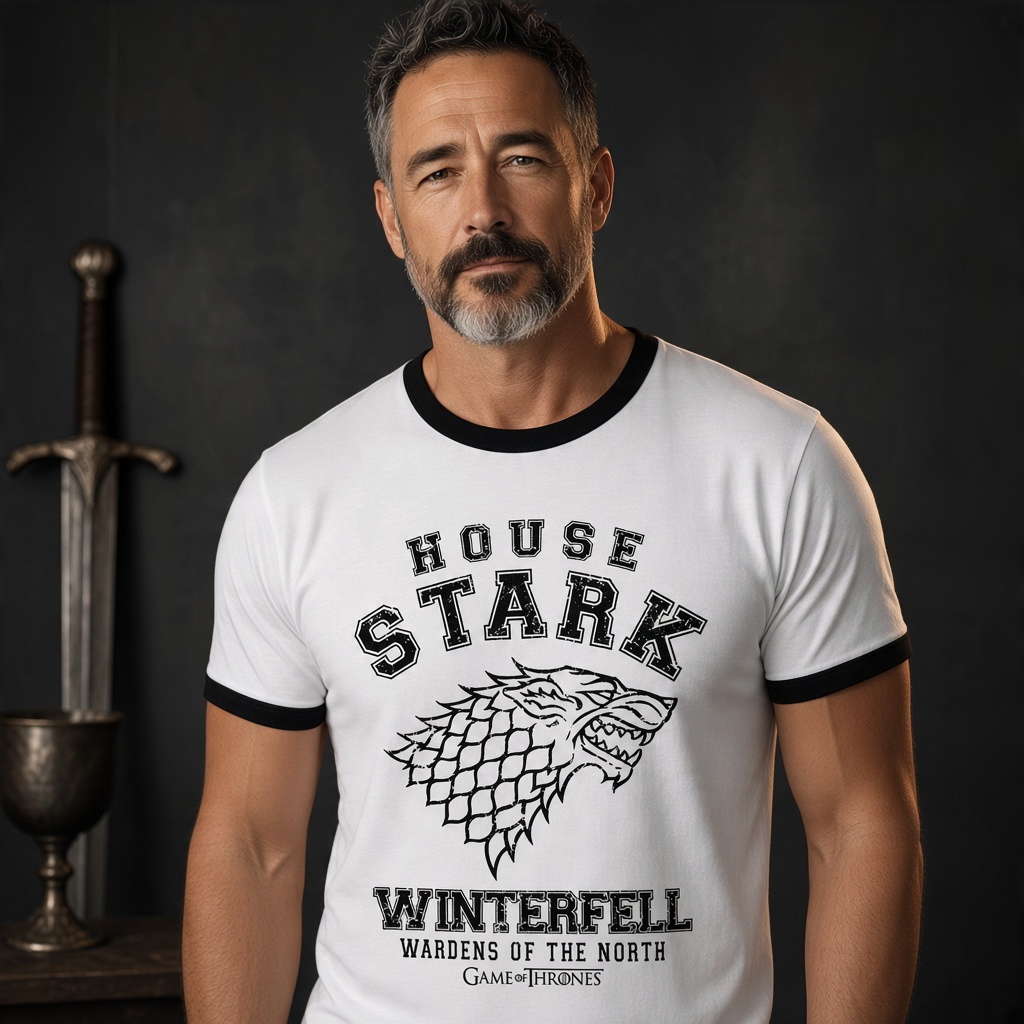 Fans Geek Store white Game of Thrones House Stark raglan t-shirt worn by a man with a sword in the background