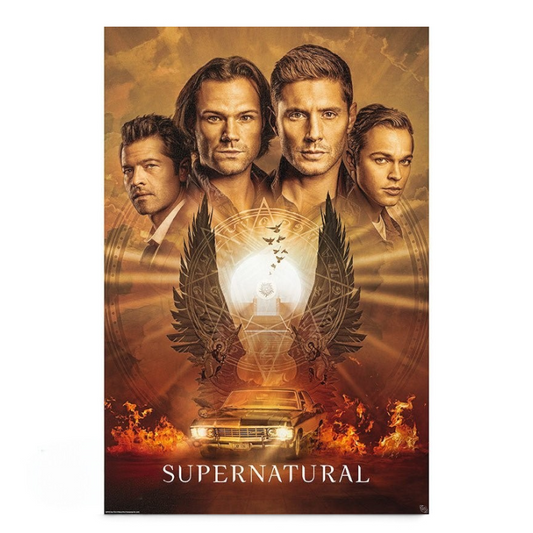Fans Geek Store Supernatural Final Season poster featuring Sam, Dean, Castiel, and Jack with the iconic Impala car.