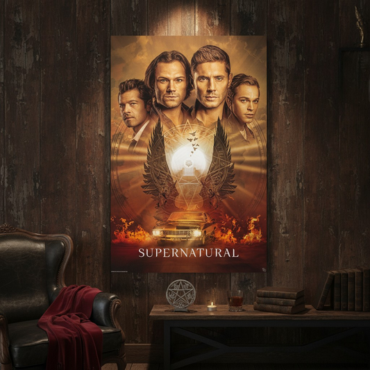 Fans Geek Store Supernatural final season key art poster featuring Sam, Dean, Castiel, and Jack with the Impala car.