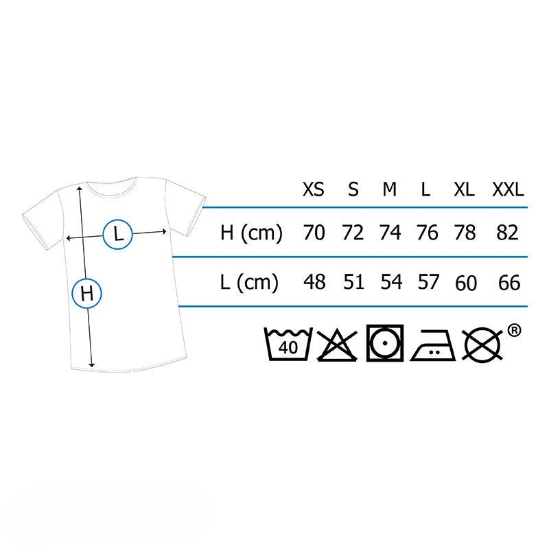Fans Geek Store Lord of the Rings T-shirt size chart showing height and width measurements for sizes XS to XXL
