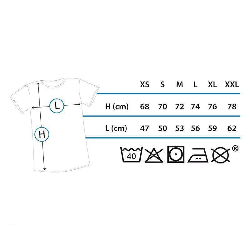 Fans Geek Store Lord of the Rings T-shirt size chart showing height and width measurements for sizes XS to XXL