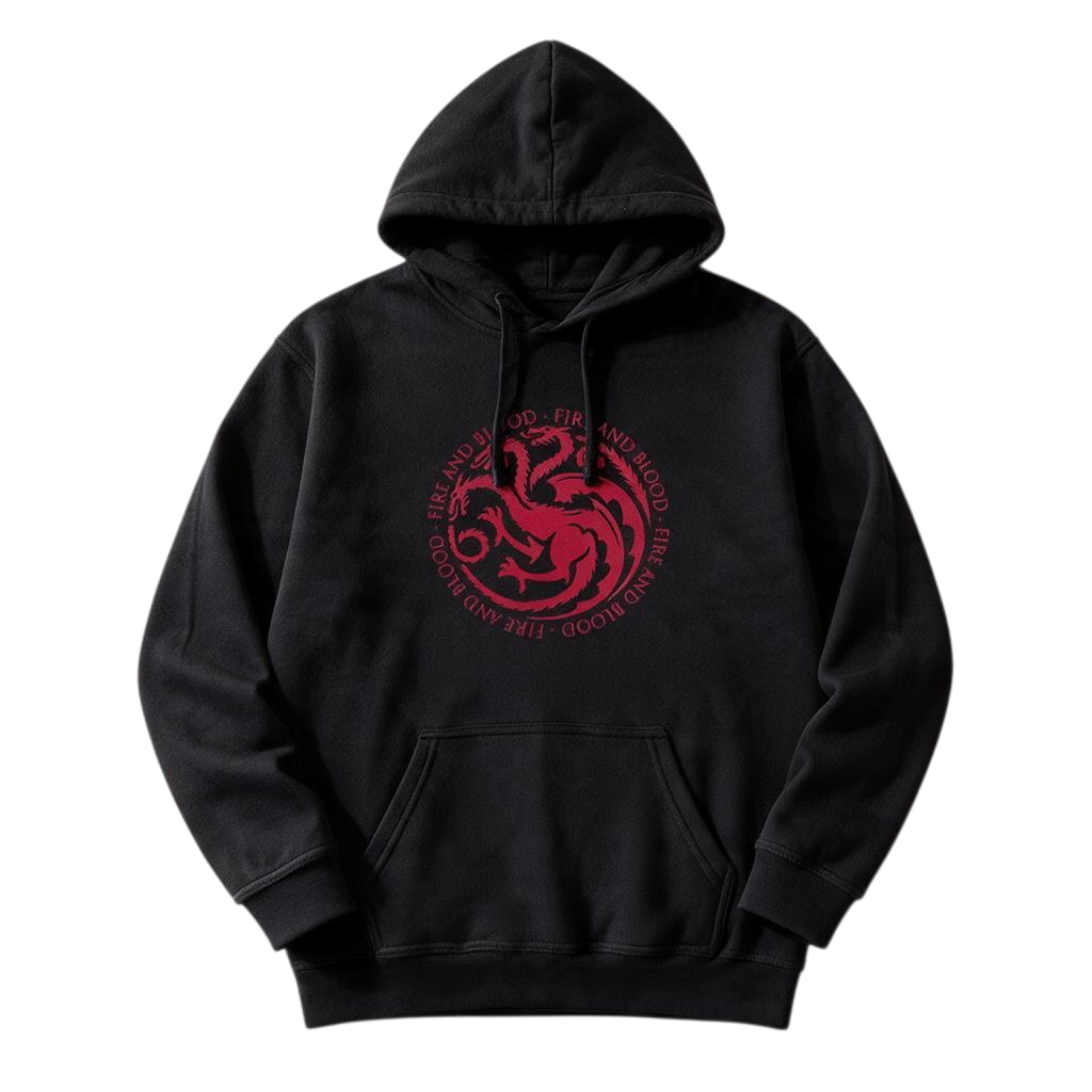 Fans Geek Store black cotton blend hoodie featuring a red House Targaryen dragon emblem and Fire and Blood motto.
