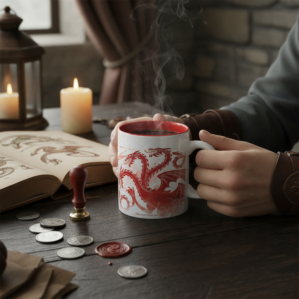 Fans Geek Store ceramic Game of Thrones House Targaryen mug with red dragon emblem held in hands on a wooden desk