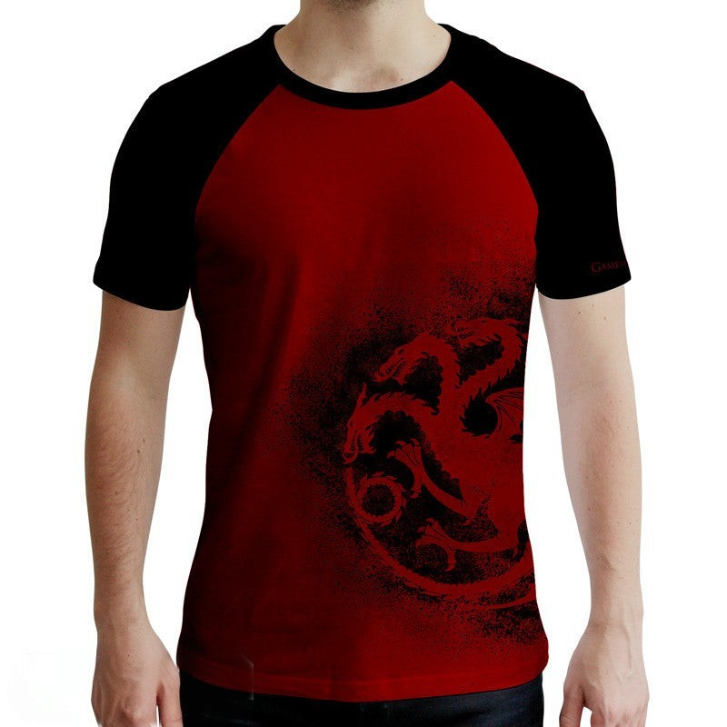 Fans Geek Store Game of Thrones House Targaryen men's cotton t-shirt with red dragon sigil and black raglan sleeves
