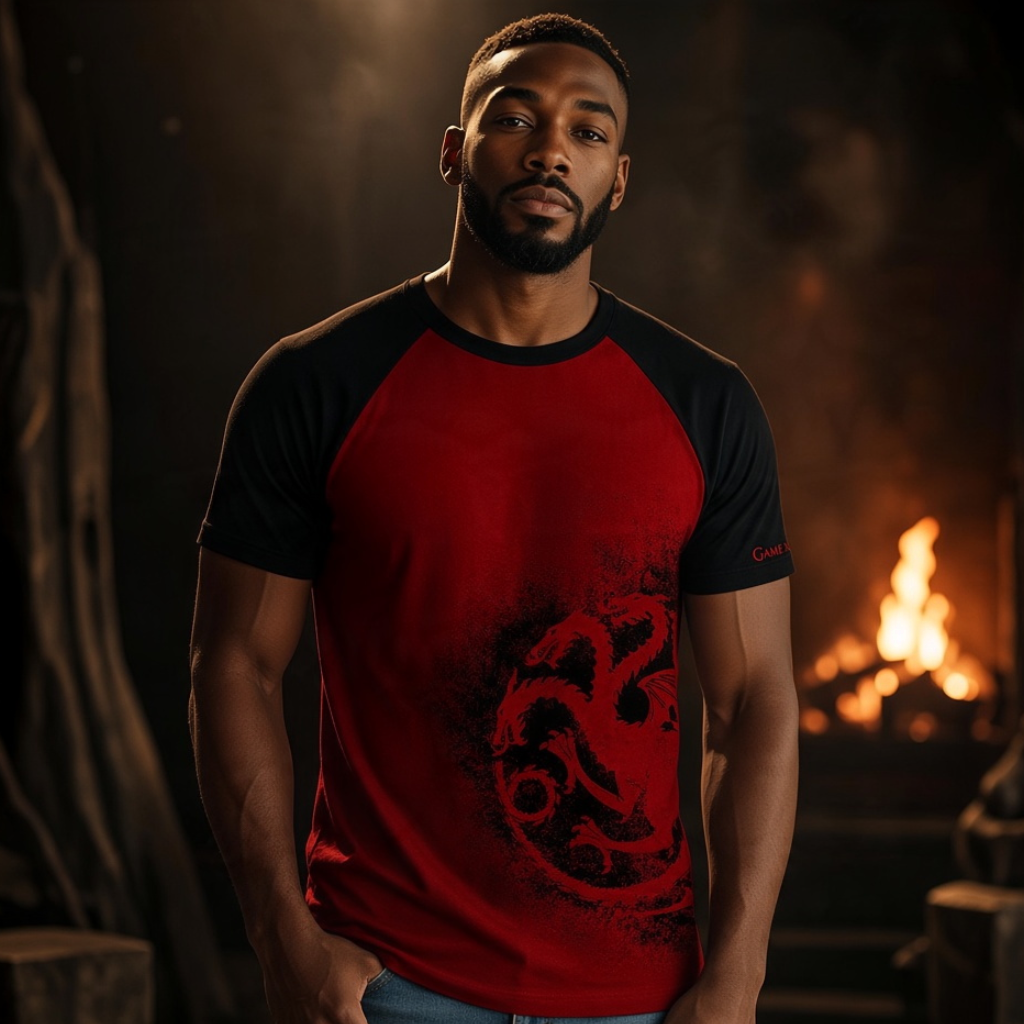 Fans Geek Store Game of Thrones House Targaryen red and black cotton t-shirt worn by a man with dragon emblem