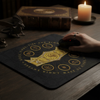 Fans Geek Store House of the Dragon Targaryen mousepad with gold sigil design on a dark desk with a hand using a mouse