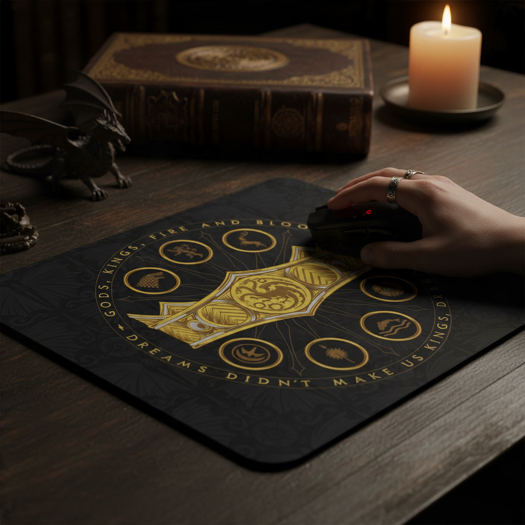 Fans Geek Store House of the Dragon Targaryen mousepad with gold sigil design on a dark desk with a hand using a mouse