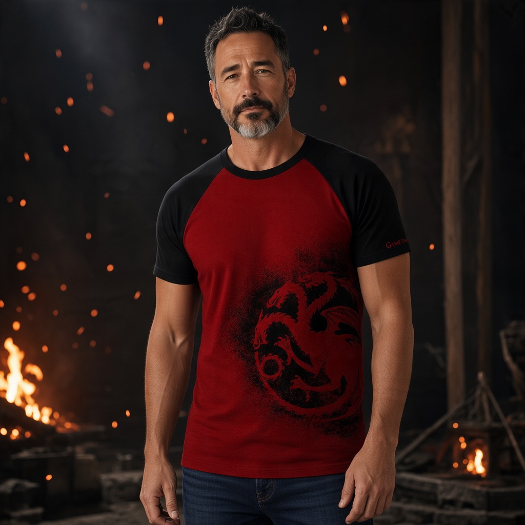 Fans Geek Store Game of Thrones House Targaryen red and black cotton raglan t-shirt worn by a man in a fiery setting