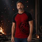 Fans Geek Store Game of Thrones House Targaryen red and black cotton raglan t-shirt worn by a man in a fiery setting