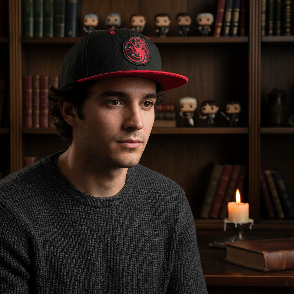 Fans Geek Store black and red Game of Thrones House Targaryen snapback cap with embroidered dragon emblem on a man