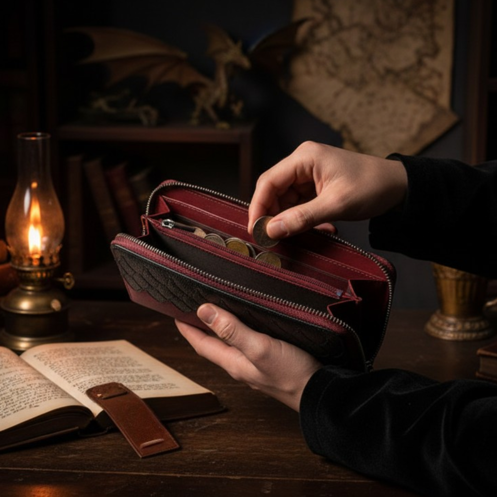 Fans Geek Store Game of Thrones Targaryen suede zip wallet with dragon emblem detail being held by a person