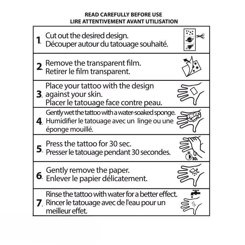 Fans Geek Store instruction guide for applying Dragon Ball temporary tattoos with seven illustrated steps