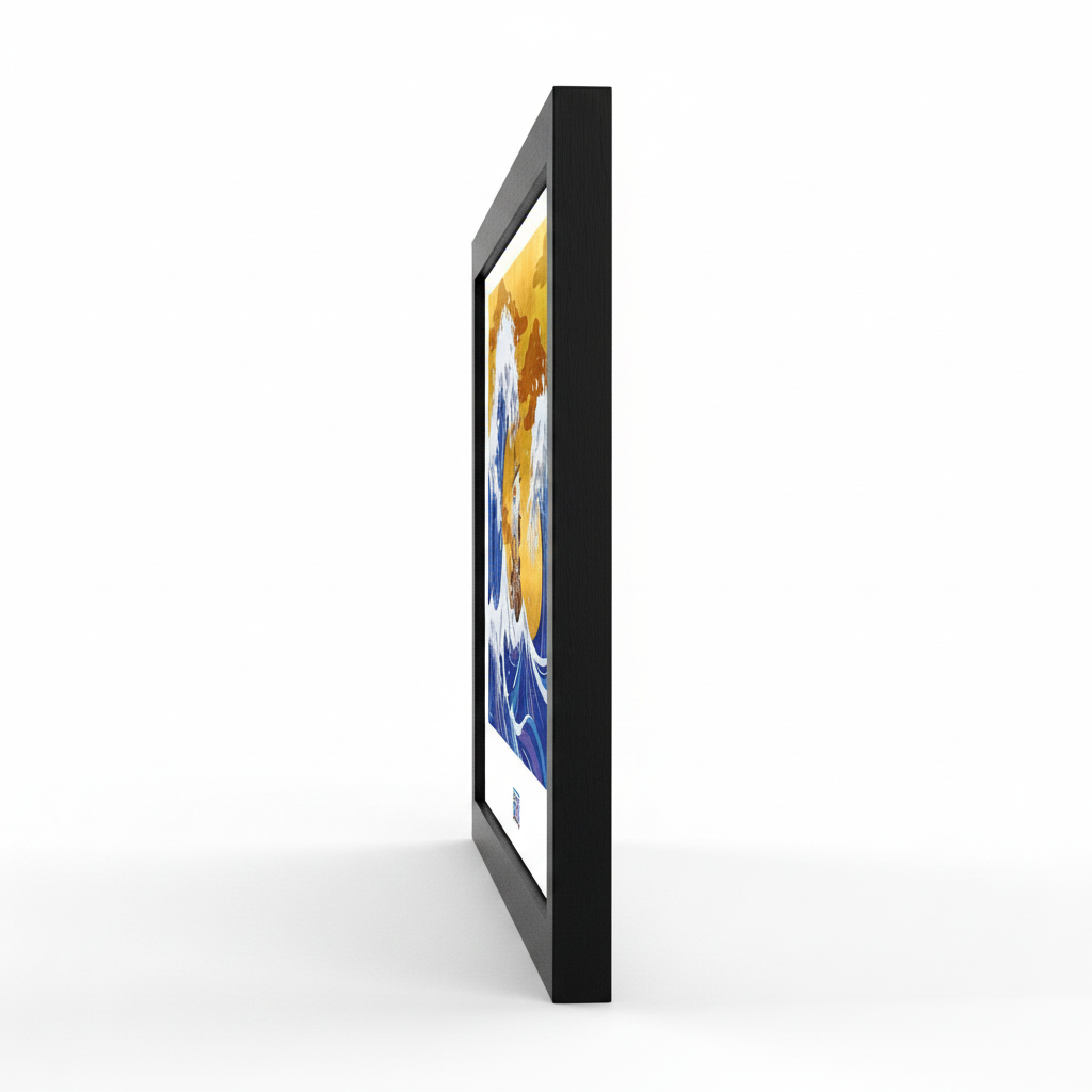 Fans Geek Store framed One Piece Thousand Sunny poster in Wano style, side view showing black frame profile