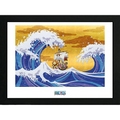 Fans Geek Store framed One Piece Thousand Sunny poster featuring a Wano-style wave illustration in a black frame.