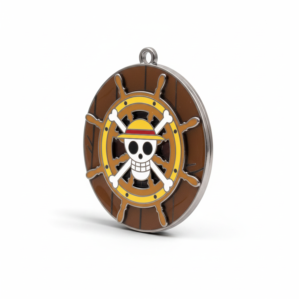 Fans Geek Store One Piece Thousand Sunny metal keychain featuring a rotating ship steering wheel with Luffy skull logo