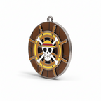 Fans Geek Store One Piece Thousand Sunny metal keychain featuring a rotating ship steering wheel with Luffy skull logo