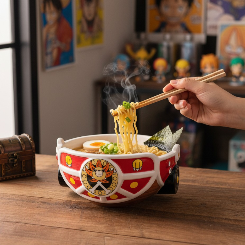 Fans Geek Store One Piece Thousand Sunny 3D ceramic noodle bowl filled with ramen on a wooden table
