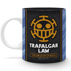 Fans Geek Store ceramic One Piece mug featuring Trafalgar Law and the Heart Pirates logo in black and yellow