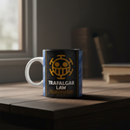 Fans Geek Store ceramic One Piece mug featuring Trafalgar Law and the Heart Pirates logo on a desk.