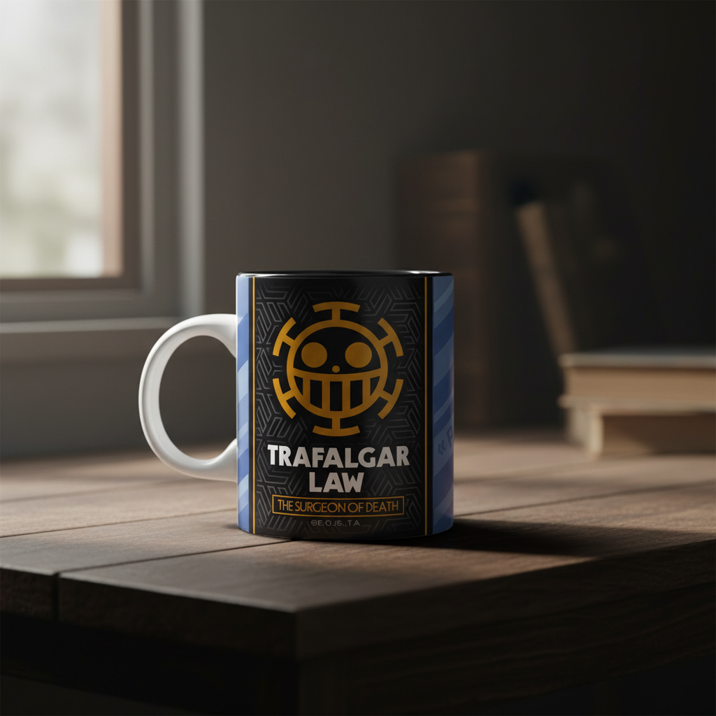 Fans Geek Store ceramic One Piece mug featuring Trafalgar Law and the Heart Pirates logo on a desk.