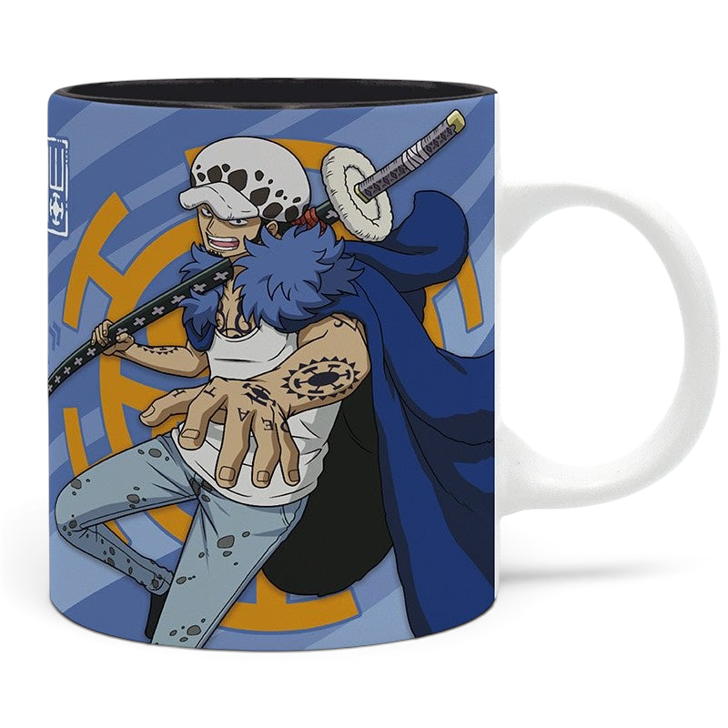 Fans Geek Store ceramic One Piece mug featuring Trafalgar Law with his sword and blue cape on a blue patterned background