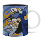 Fans Geek Store ceramic One Piece mug featuring Trafalgar Law with his sword and blue cape on a blue patterned background