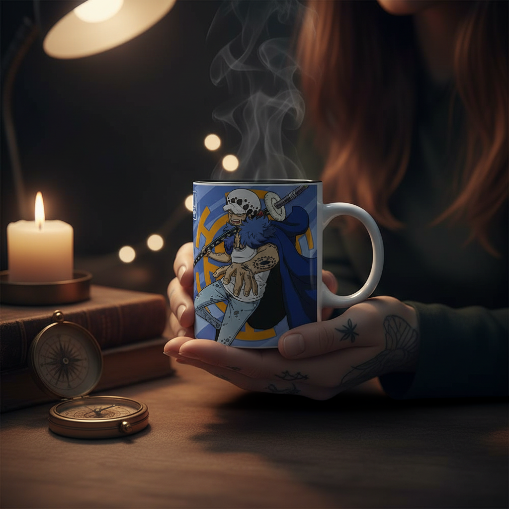 Fans Geek Store ceramic One Piece mug featuring Trafalgar Law held in hands with a cozy candlelit background