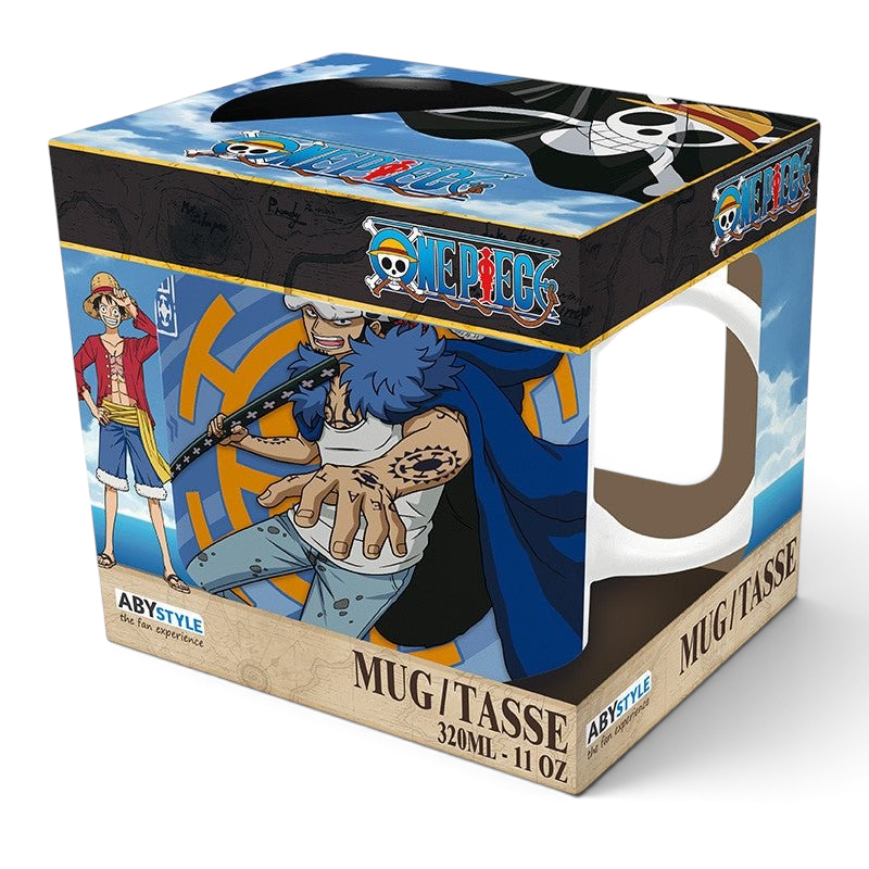 Fans Geek Store One Piece Trafalgar Law ceramic mug in branded display box featuring anime character artwork