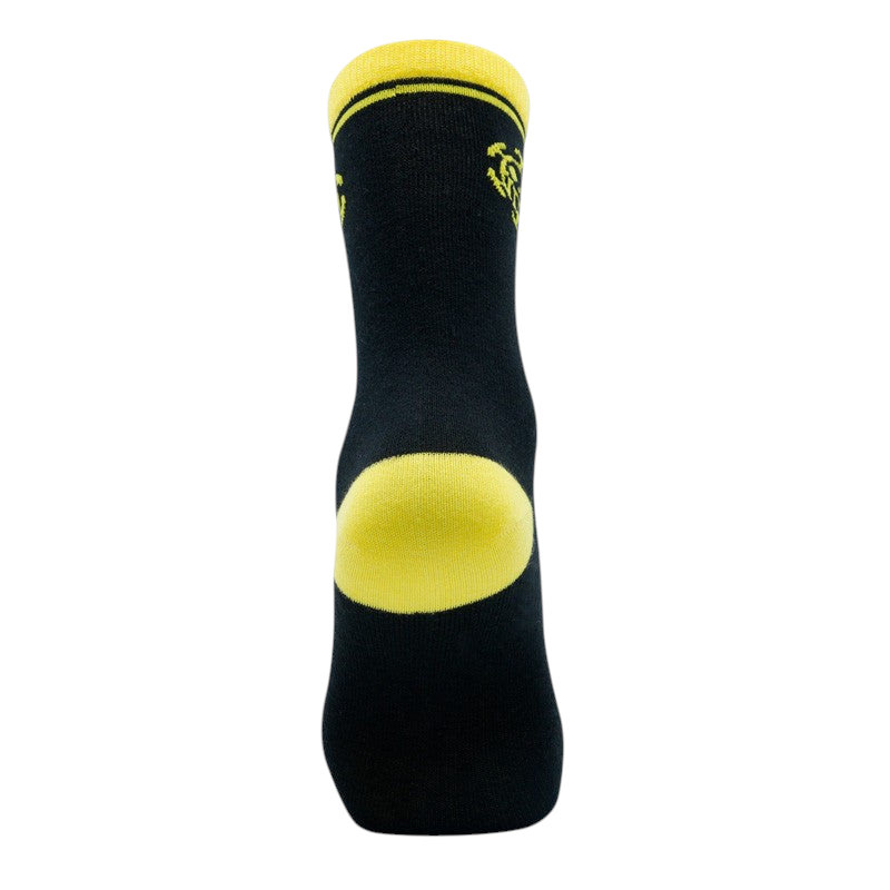 Fans Geek Store black One Piece Trafalgar Law socks with yellow heel and cuff details and embroidered pirate logo