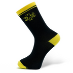 Fans Geek Store black One Piece Trafalgar Law socks with yellow heel, toe, and cuff featuring Heart Pirates logo