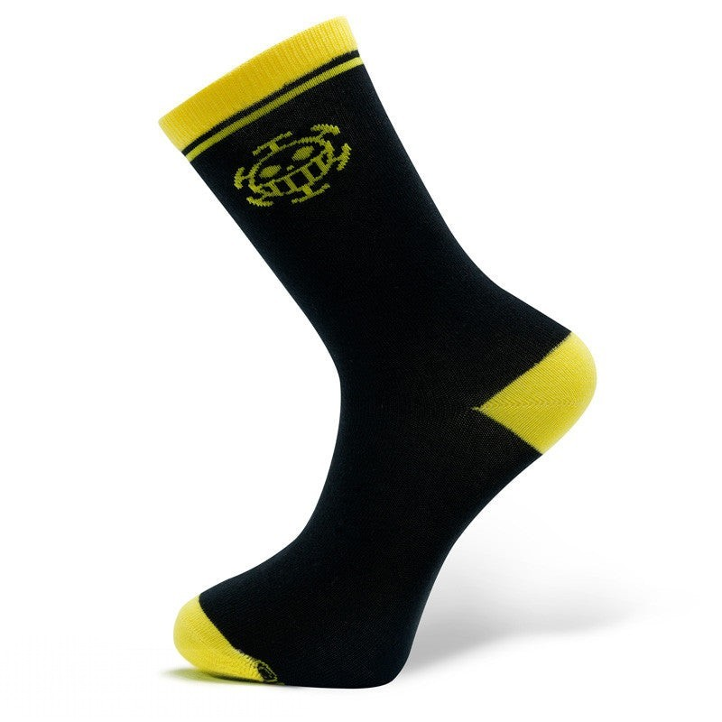 Fans Geek Store black One Piece Trafalgar Law socks with yellow heel, toe, and cuff featuring Heart Pirates logo