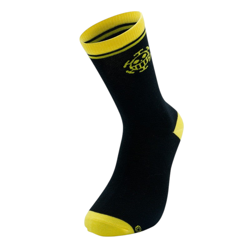 Fans Geek Store black and yellow One Piece Trafalgar Law crew socks with Heart Pirates logo embroidery