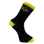 Fans Geek Store black One Piece socks featuring a yellow Heart Pirates Trafalgar Law logo and yellow accents