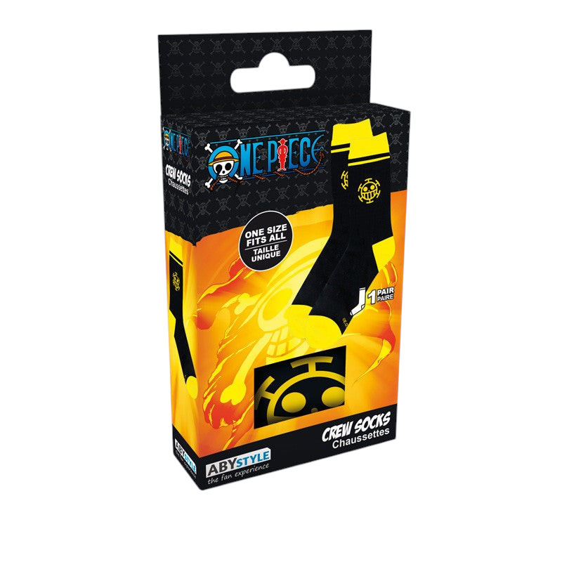 Fans Geek Store One Piece Trafalgar Law black crew socks in branded packaging with Heart Pirates logo embroidery