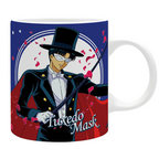 Fans Geek Store ceramic mug featuring Tuxedo Mask from Sailor Moon with a blue background and rose petals