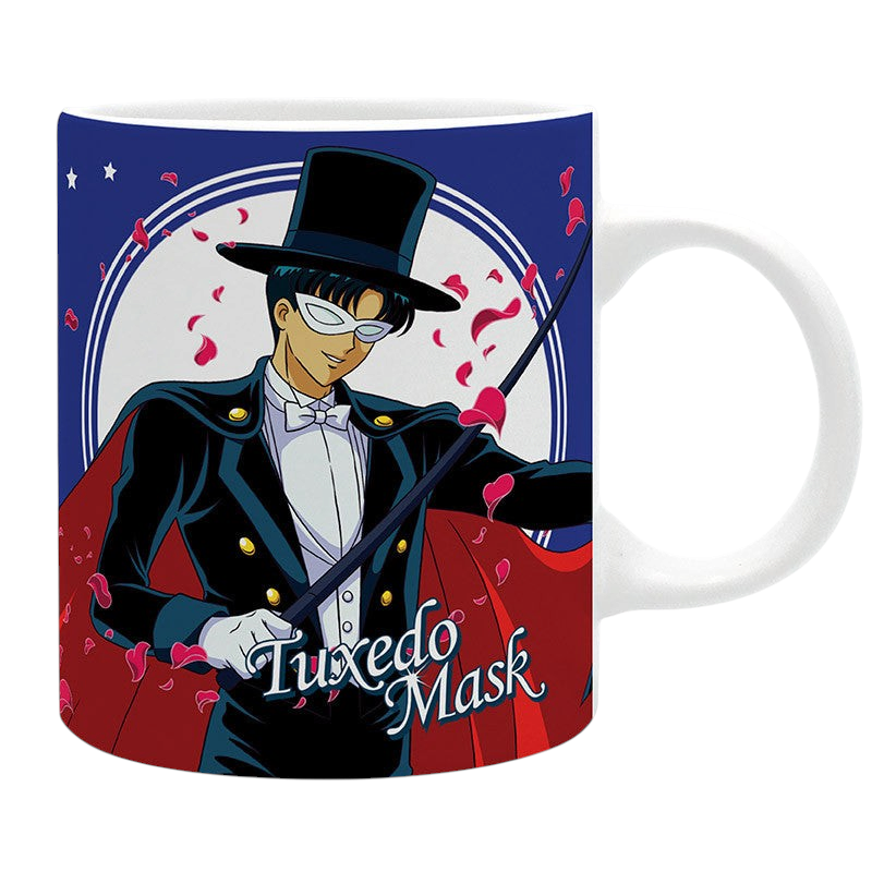 Fans Geek Store ceramic mug featuring Tuxedo Mask from Sailor Moon with a blue background and rose petals
