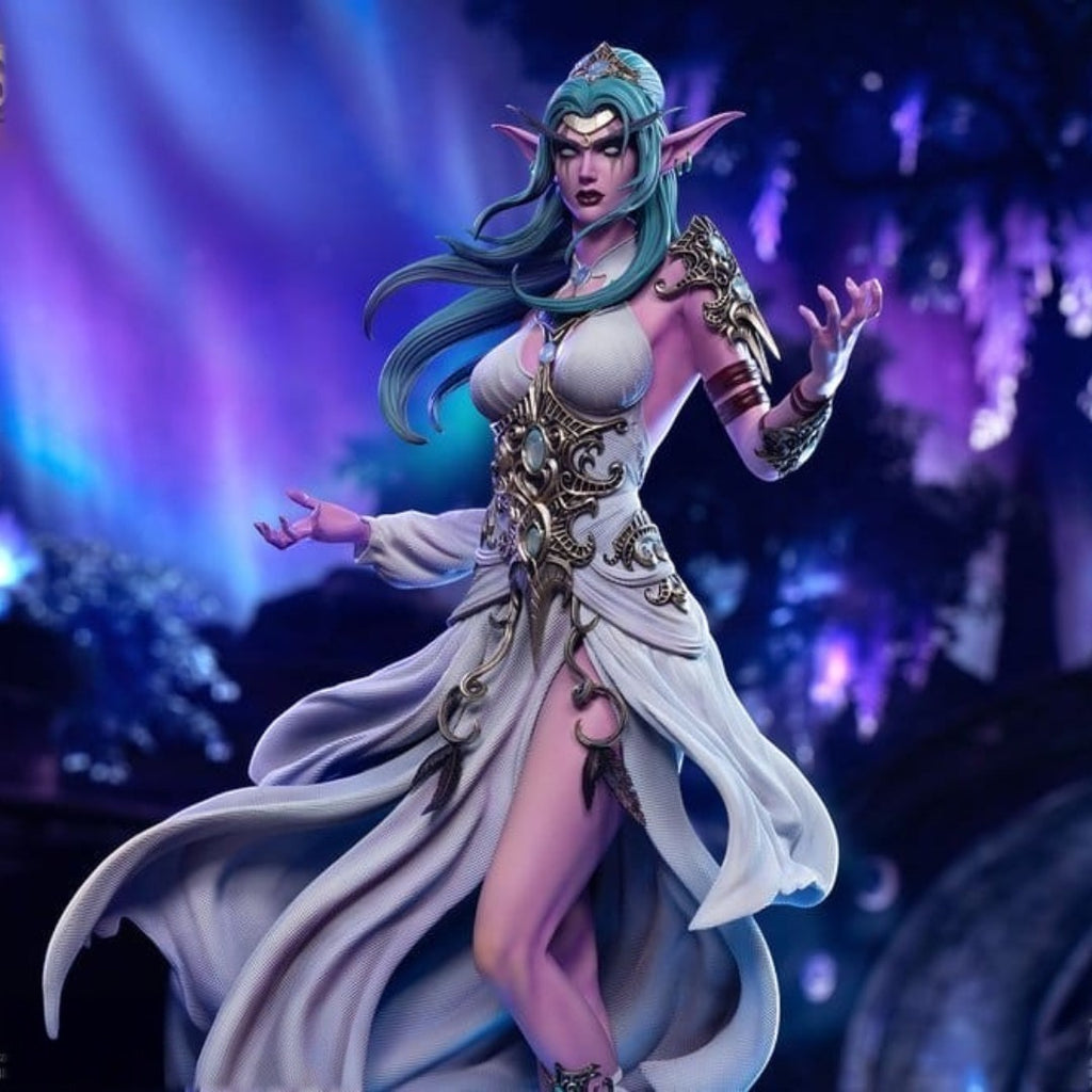 Fans Geek Store Tyrande Whisperwind 1/6 scale statue with LED lighting, detailed armor, and flowing priestess dress.