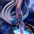 Fans Geek Store 1/6 scale Tyrande Whisperwind statue with LED-lit resin water base and intricate leg armor details.