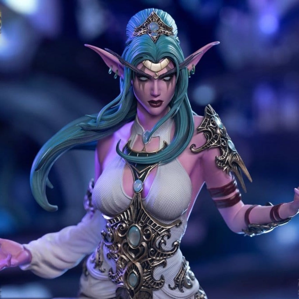 Fans Geek Store Tyrande Whisperwind 1/6 scale statue with detailed armor, flowing dress, and LED lighting effects.