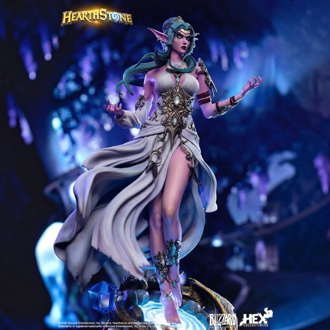 Fans Geek Store Tyrande Whisperwind 1/6 scale statue with LED lighting, detailed priestess dress, and dragon base.