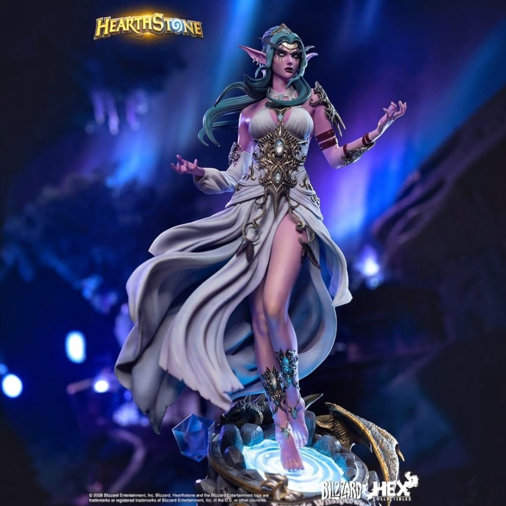 Fans Geek Store 1/6 scale Tyrande Whisperwind statue with LED base, detailed armor, and flowing white priestess dress.