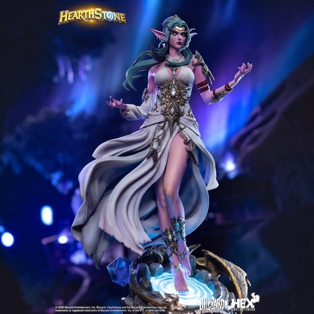 Fans Geek Store 1/6 scale Tyrande Whisperwind statue with LED base, detailed armor, and flowing white priestess dress.
