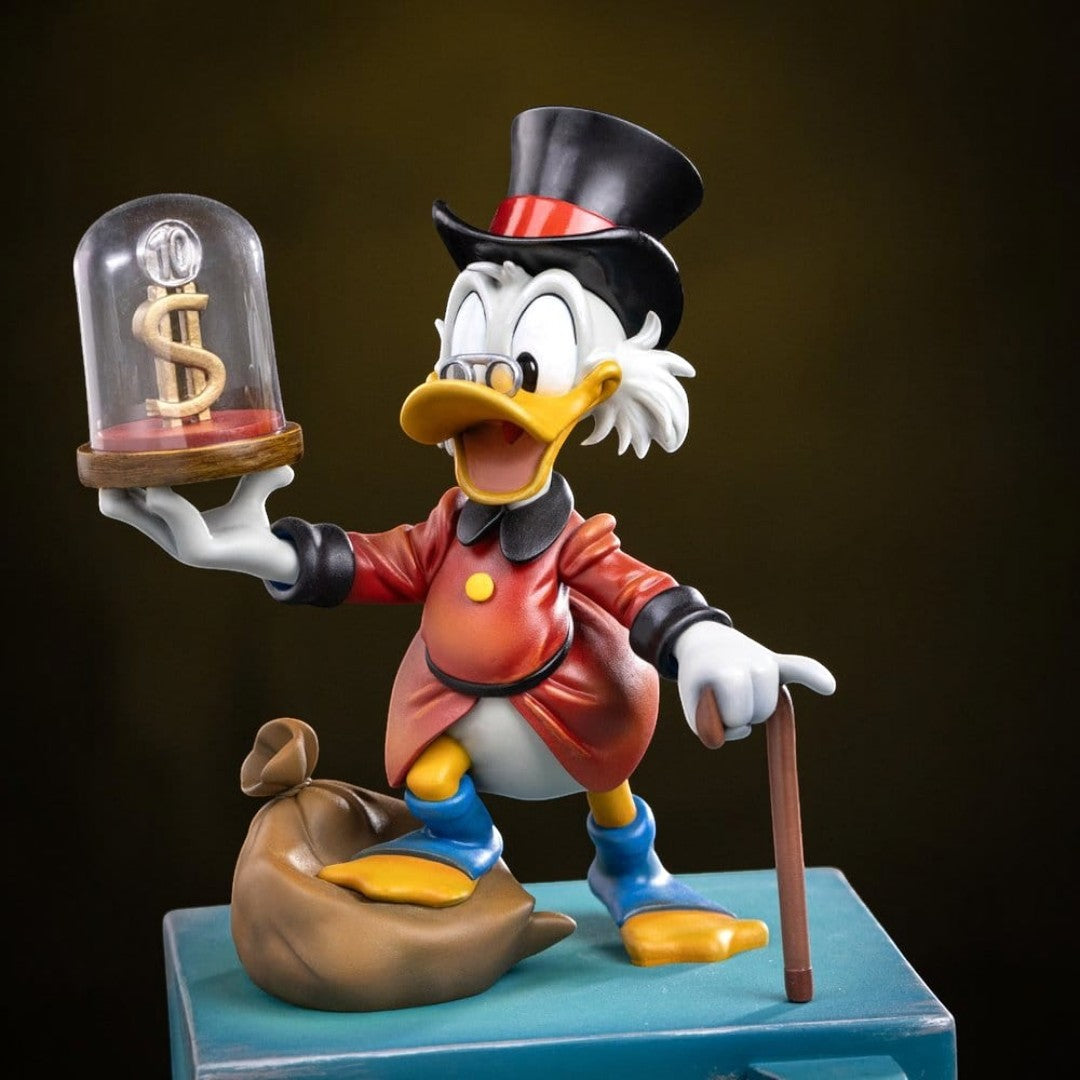 Fans Geek Store Uncle Scrooge McDuck statue, hand-painted polystone, holding a dollar sign under glass, with money bag and cane.