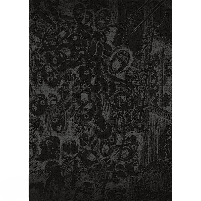 Fans Geek Store 1000-piece Junji Ito Uzumaki jigsaw puzzle featuring a dark, detailed horror manga spiral illustration.