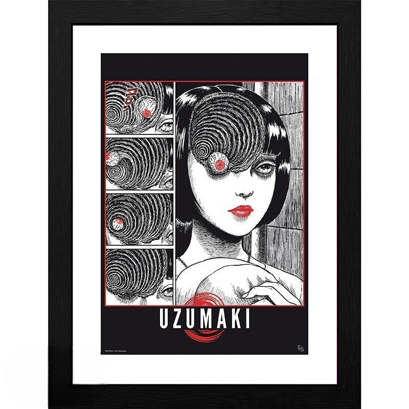 Fans Geek Store Uzumaki manga print featuring Azami Kurotani with spiral hair and an eye, framed.