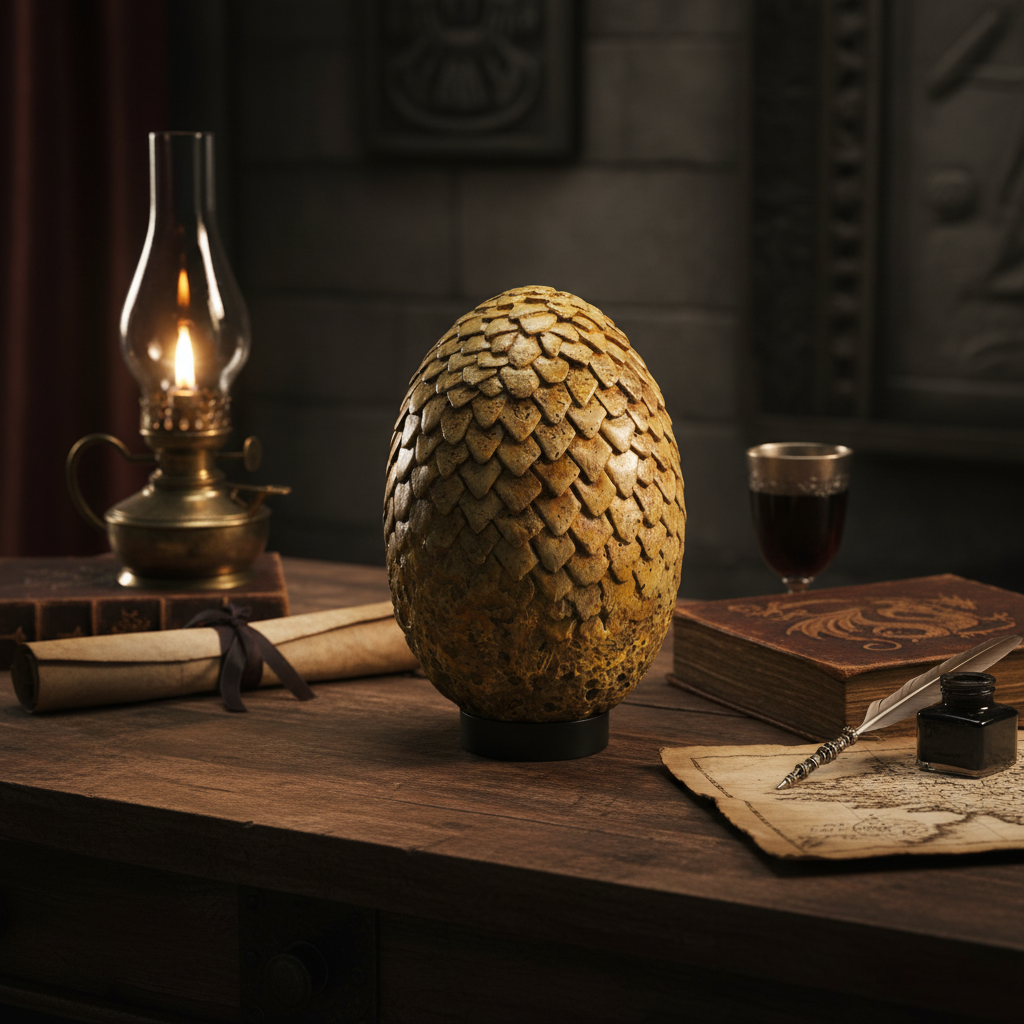 Fans Geek Store Viserion dragon egg replica with detailed golden scales displayed on a wooden desk with vintage decor