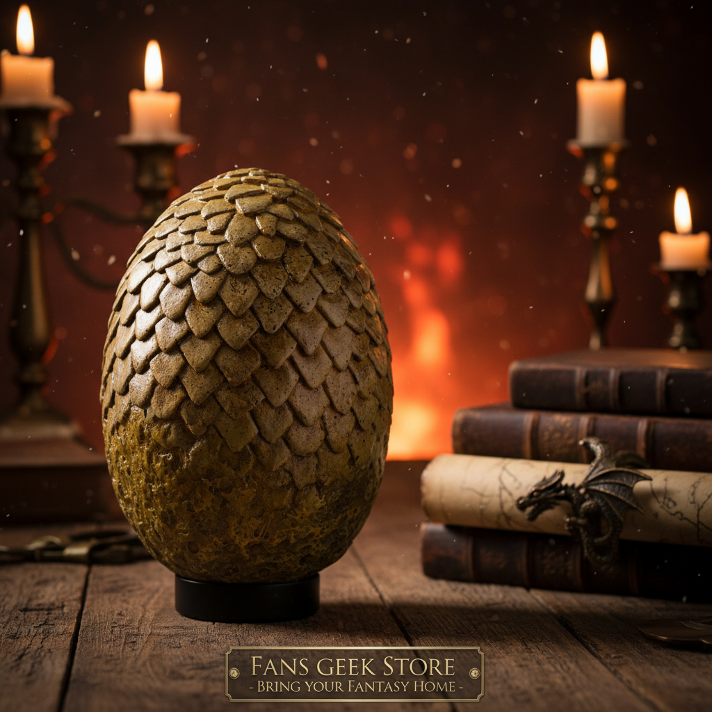 Fans Geek Store Viserion dragon egg replica with detailed golden scales, displayed on a wooden table with candles.