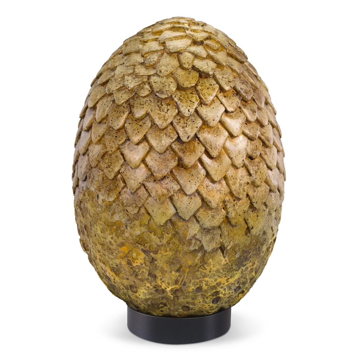 Fans Geek Store Game of Thrones Viserion dragon egg replica with detailed golden scales on a black display stand