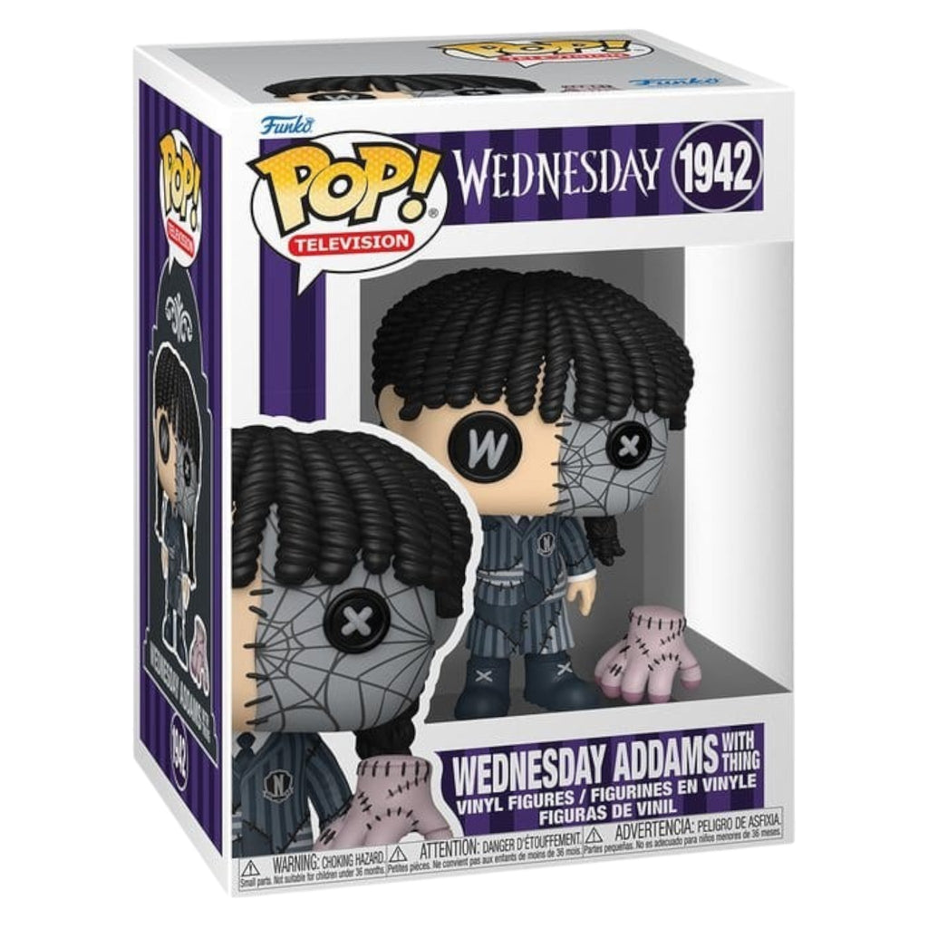 Fans Geek Store Funko Pop Wednesday Addams with Thing vinyl figure in patchwork style inside window display box