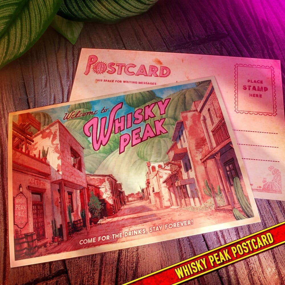 Fans Geek Store One Piece Whisky Peak postcard featuring a vintage town illustration on a wooden table background.
